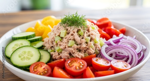 Fresh Tuna Salad with Colorful Vegetables Arranged in White Bowl on Wooden Table