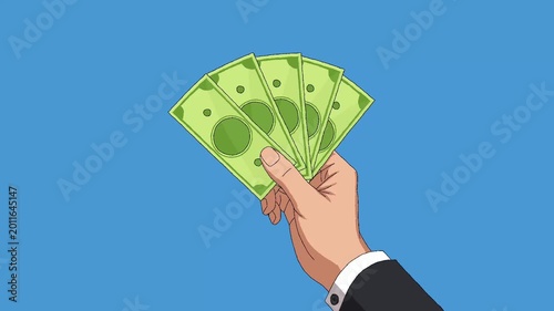 An anime-style hand holding several dollar bills in an open fan position. Perfect for content themed around business, finance, investment, and financial education.