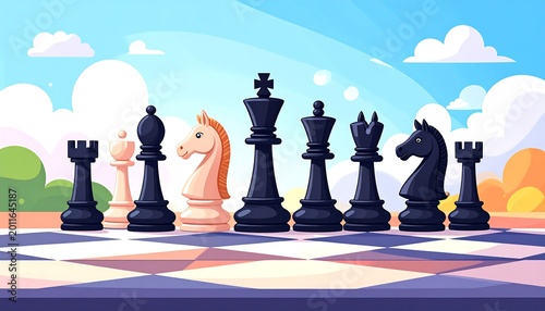 Colorful Chess Pieces Arranged on Outdoor Board in Sunny Landscape