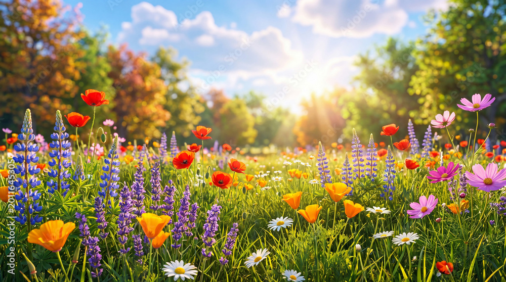 Fototapeta premium Colorful wildflower meadow with bright sunlight and blooming spring landscape