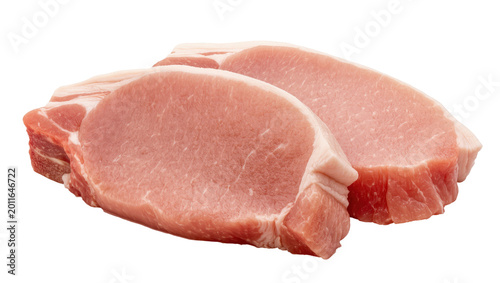 Canvas Print Raw pork loin chops with visible fat and bone, isolated on transparent backgroun