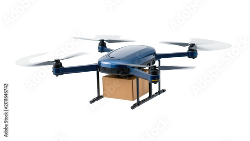 Foto Blue drone carrying a brown cardboard package, isolated on transparent backgroun