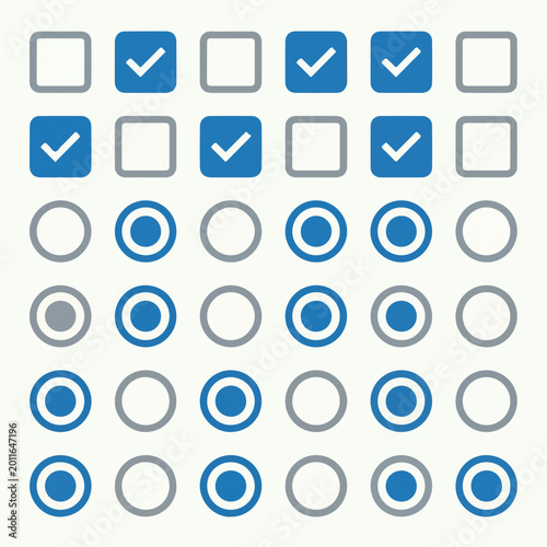 Visual concept of user interface selection elements, showcasing a grid of interactive checkboxes and radio buttons in diverse active and inactive states for digital form design