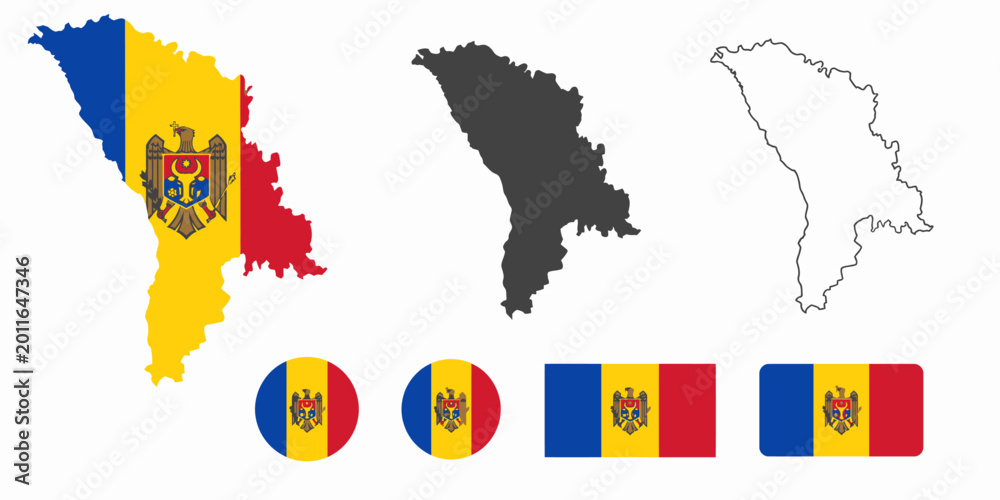 Obraz premium Moldova map and flag icons in various formats displayed together