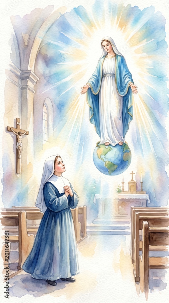Fototapeta premium Watercolor illustration of a praying nun and the Virgin Mary in a church, serene spiritual atmosphere, faith, hope, devotion, religious scene, heavenly light.