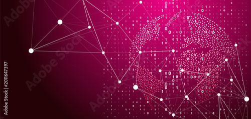 A complex digital network with interconnected nodes and lines over a binary code background showing 0, 1. A world map made of dots represents global data and technology.