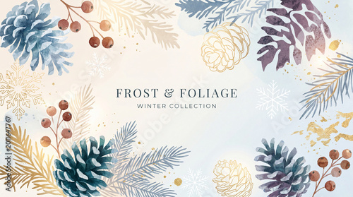 Elegant winter watercolor background featuring foliage pinecones and snowflake details
