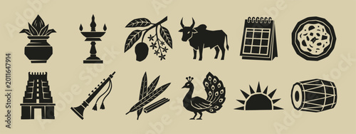 Foto Collection of Tamil traditional symbols including temple gopuram peacock bull an