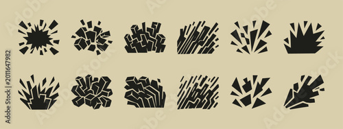 Fotografie Set of black silhouette explosion and destruction effects icons for game design