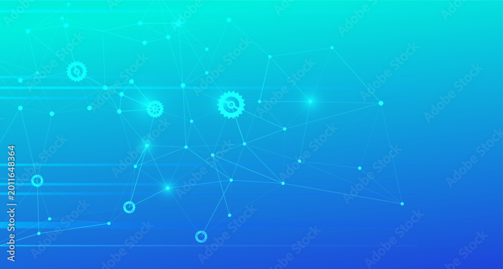 Obraz premium Vibrant bluegreen gradient background with an abstract digital network, featuring glowing interconnected nodes, lines, and gear icons, symbolizing technology, data, and innovation.