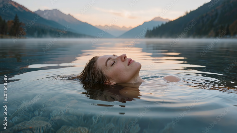 Fototapeta premium A serene woman floats peacefully on her back in a calm lake surrounded by majestic mountains and trees at sunrise, exuding a sense of tranquility and harmony with nature.