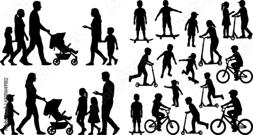 Family and children silhouette collection featuring parents with stroller, kids riding scooter, bicycle and skateboard isolated on white background vector set