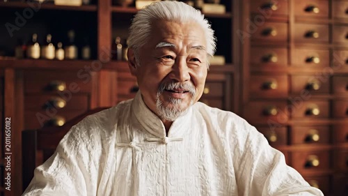 Elderly Traditional Chinese Medicine Doctor Portrait in Wooden Herbal Apothecary Talking to patient