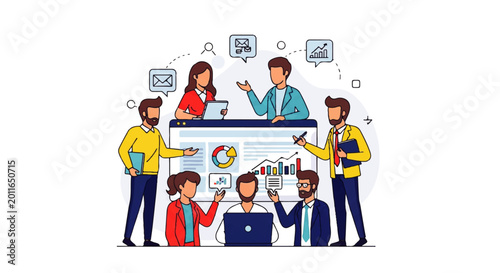 Vector flat design illustration of a diverse business team collaborating on a project with charts and data analysis