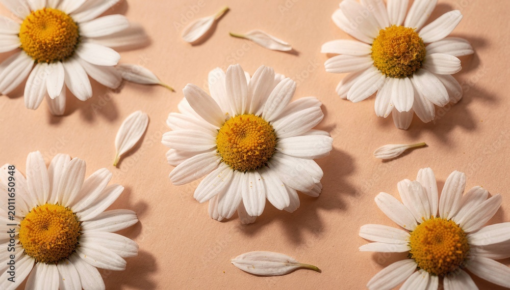 Obraz premium Fresh white daisy flowers and delicate petals artfully arranged on a soft pink background, creating a charming and serene natural pattern design