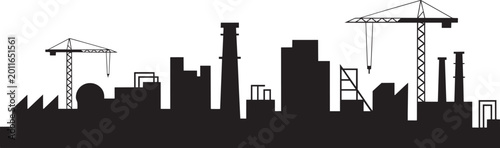 Foto Industrial cityscape with cranes and smokestacks in silhouette style on a buildi