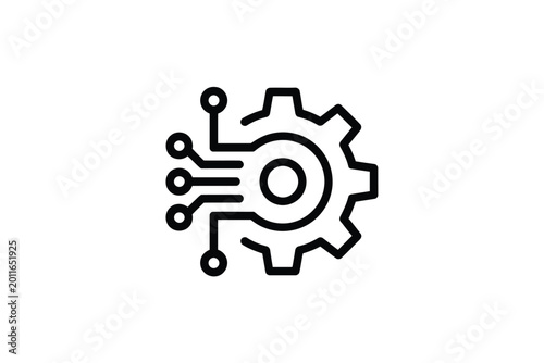 Abstract gear illustration incorporating circuit board elements in black and white