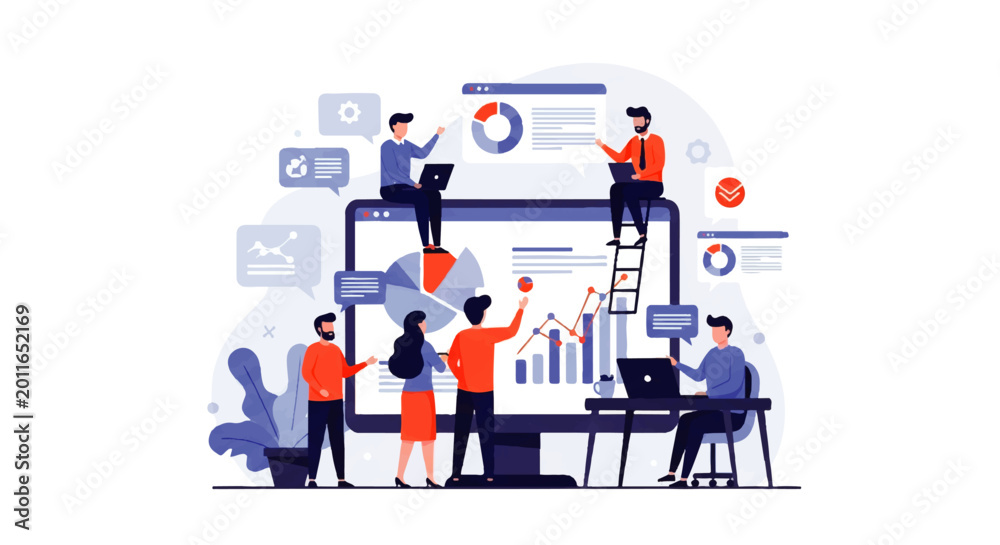 Naklejka premium Vector flat design illustration of a business team collaborating on data analysis and financial reports using digital