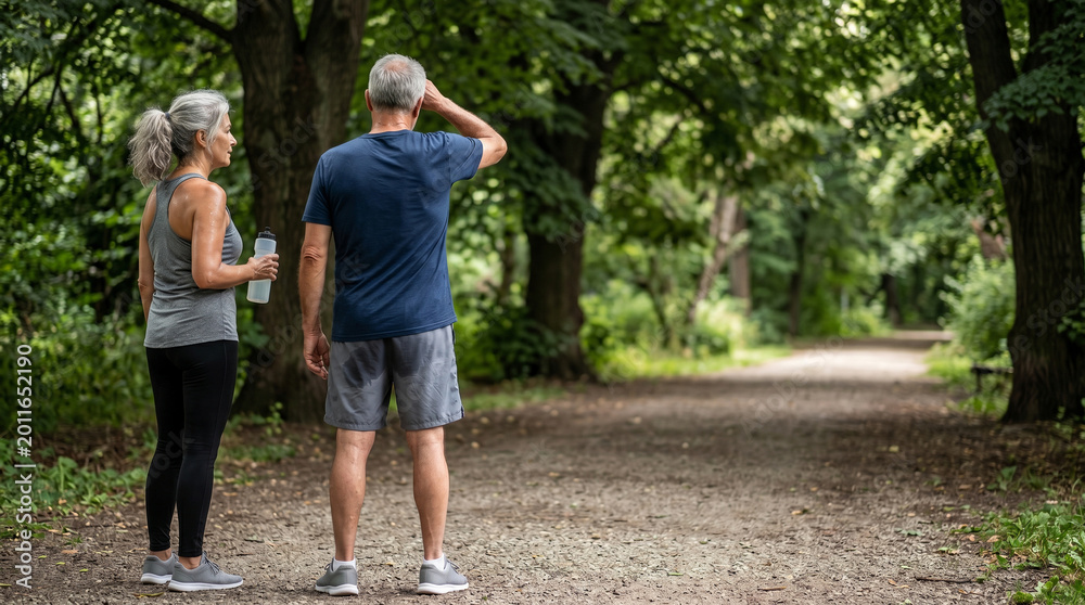 Fototapeta premium Active senior couple resting after run in park