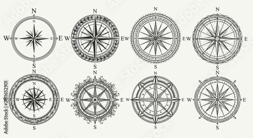 Obraz na plátně Set of six vintage style compass roses with various detailed designs, isolated w