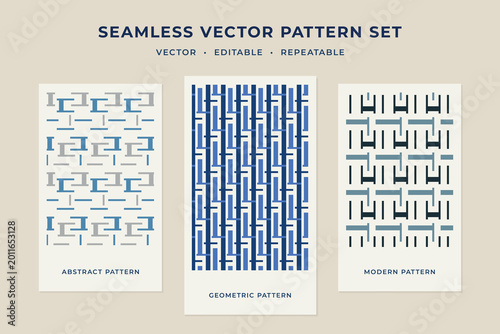 Set of three blue geometric seamless vector patterns