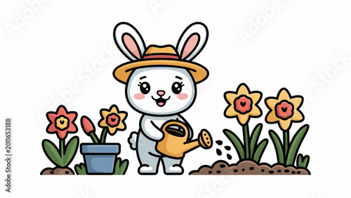 Cute Bunny Gardener Vector Illustration Sweet Rabbit with Daffodils and Spring Garden Scene