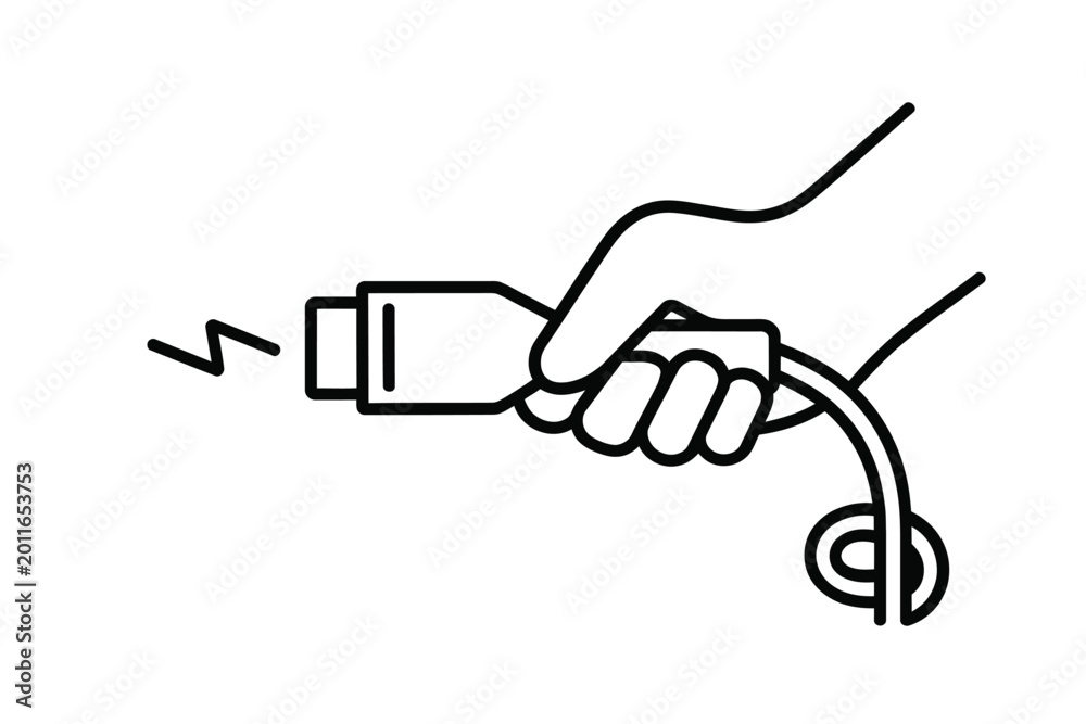 Fototapeta premium A hand holding a power cable with sparking electricity