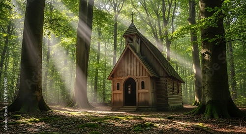 Small Wooden Chapel Standing Among Tall Trees in Sunlit Forest