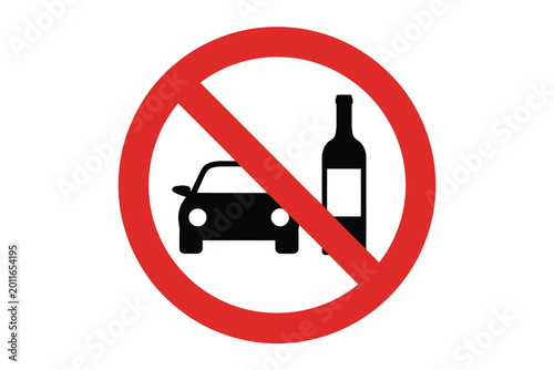 Prohibition sign depicting a car and bottle with a red circle and slash