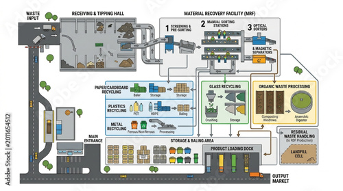 Diagram of a modern industrial manufacturing plant layout and process flow.