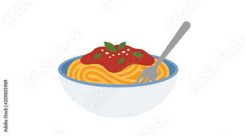 Delicious bowl of spaghetti pasta served with rich tomato sauce and fresh basil leaves for a classic italian dinner meal