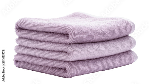 Schilderij op canvas Stack of three folded plush lavender microfiber towels, isolated on transparent