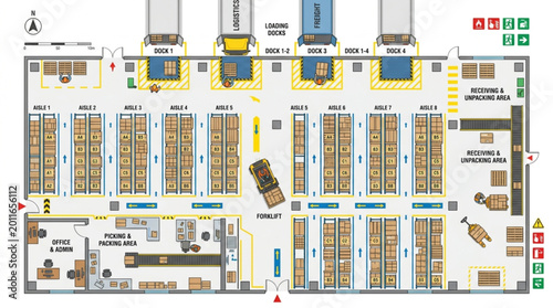 Warehouse floor plan with loading docks and storage shelves.