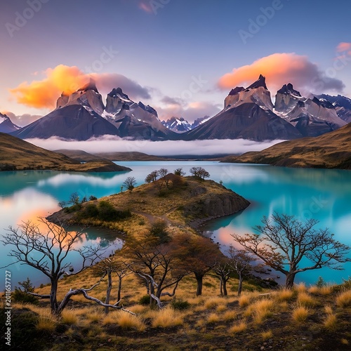 Dramatic Snow Capped Mountains Reflected in Turquoise Lake at Colorful Sunrise
