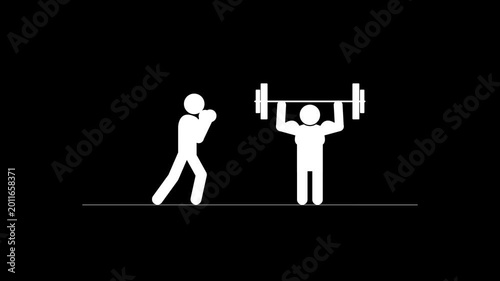 Fitness Training Animation with Boxing and Weightlifting Stick Figures. Minimal stick figure animation showing fitness activities including boxing and weightlifting.