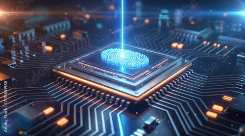 Glowing Microchip With Integrated Fingerprint Security Pattern