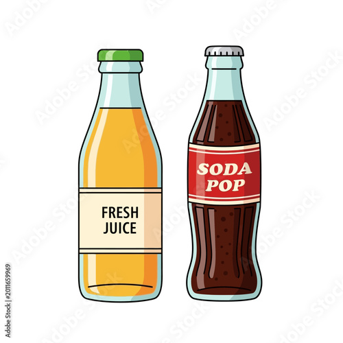 Fresh Juice and Soda Pop Bottles Side by Side, Healthy vs Sugary Drink Comparison