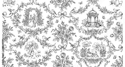 Elegant Toile de Jouy floral seamless pattern with hand drawn vintage flowers retro French textile design
