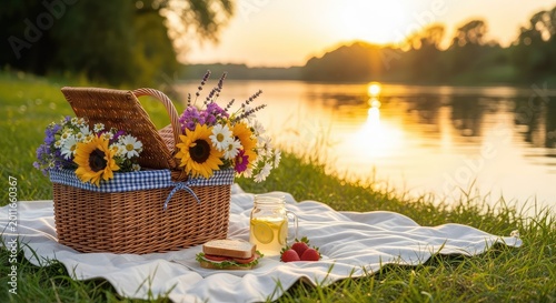 A charming picnic blanket rests on a lush riverbank during a golden sunset, featuring a wicker basket, fresh flowers, and sparkling water, rustic, riverbank, grass
