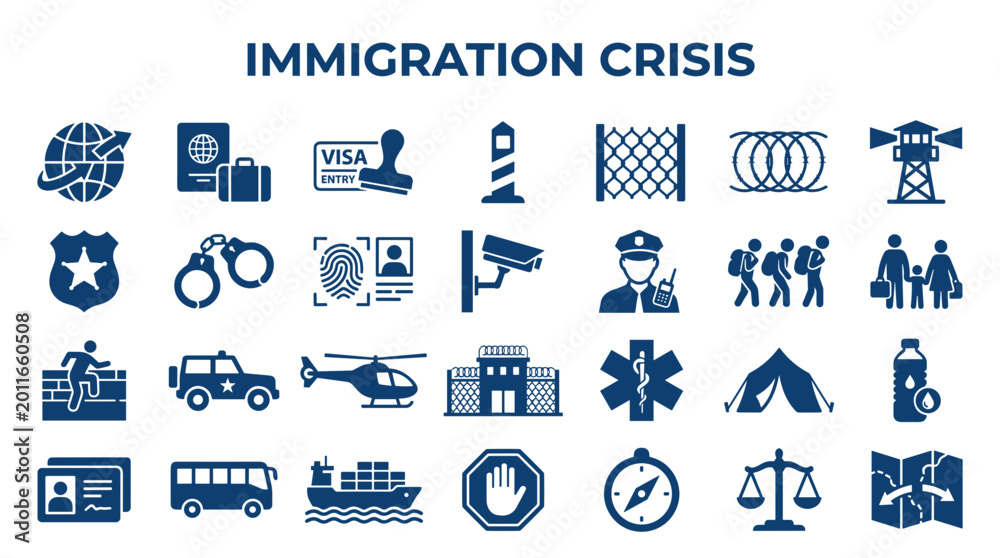 Obraz premium Immigration Crisis Icons Representing Border Control Security and Refugee Challenges