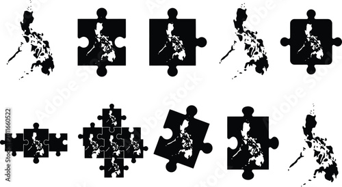 Verschiedene Darstellungen der Philippinen-Karte als Puzzleteile und Silhouetten.
