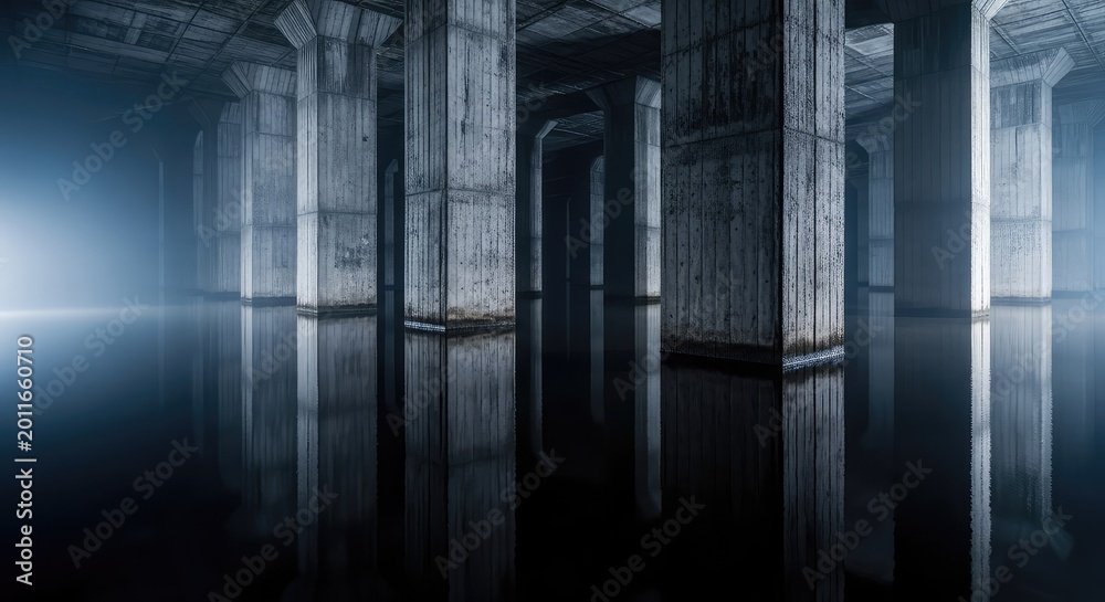 Obraz premium A derelict underground chamber features heavy concrete pillars reflected in dark standing water amidst a gloomy and humid atmosphere, atmosphere, dark, sewer