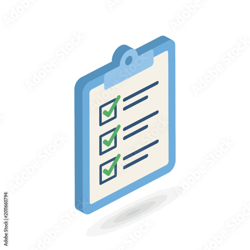Isometric checklist clipboard with green checkmarks, 3D icon for task completion and planning