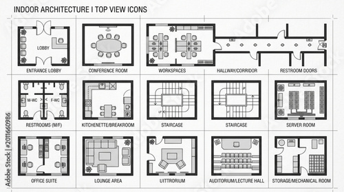 Architectural Floor Plan Icons for Various Rooms and Spaces.