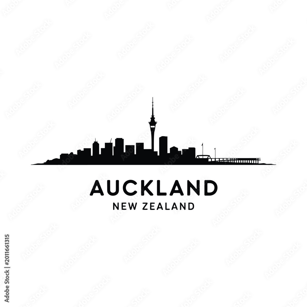 Fototapeta premium Auckland skyline silhouette with city name New Zealand
