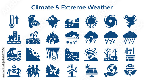 Tableau sur toile Climate Change and Extreme Weather Icons Set Representing Global Warming Environ