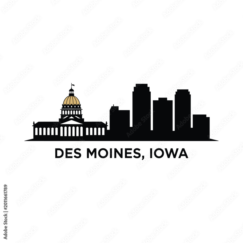 Fototapeta premium des moines iowa skyline silhouette with text on white background
