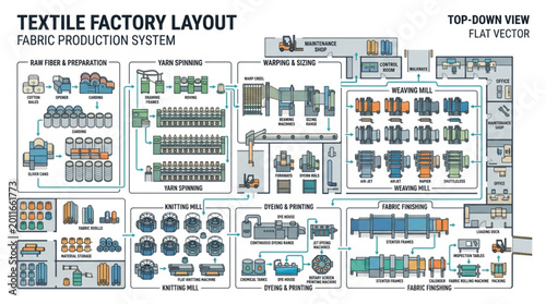 Fotografía Textile Factory Layout Diagram for Fabric Production System.