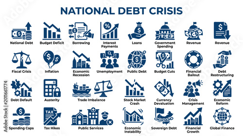 Schilderij op canvas National Debt Crisis Explained with Icons and Graphics Illustrating Financial Ec