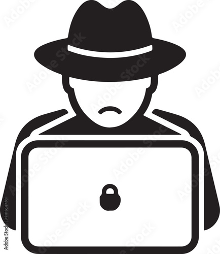 Hacker, thief, cybercrime, security, laptop icon, black, vector